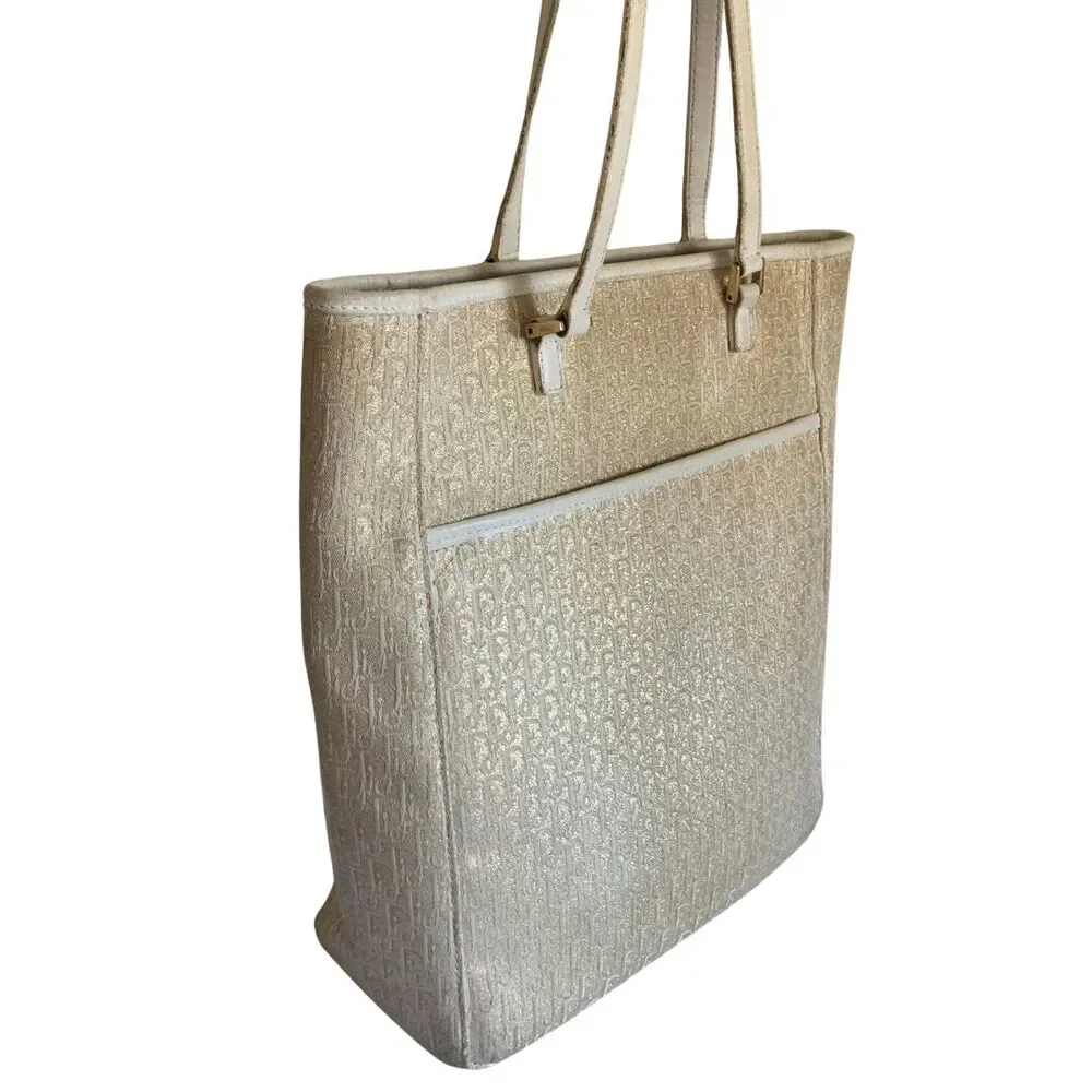 Christian Dior White and Gold Monogram Tote Bag Vintage - Picture 9 of 16